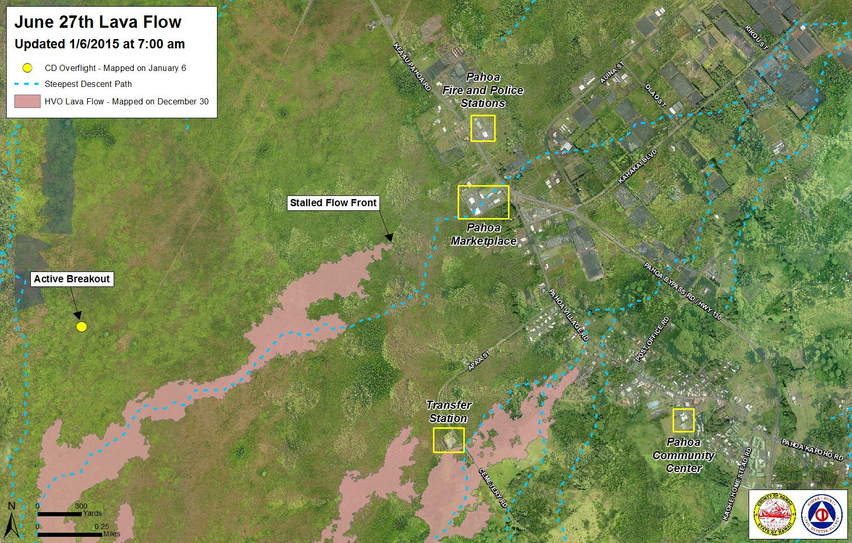 Civil Defense Lava Flow Map - Updated Tuesday, 1/6/15 at 7:00 am